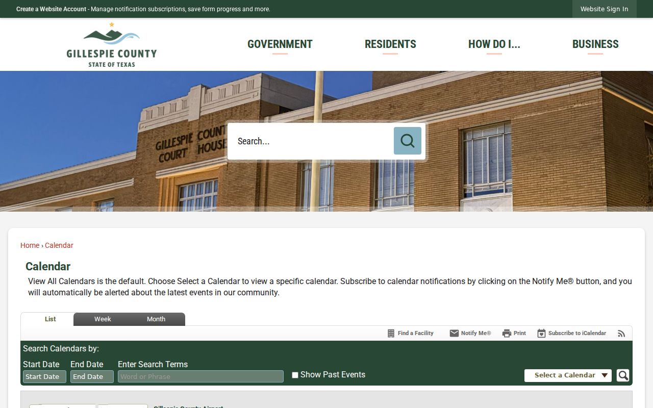 Gillespie County calendar list view and filters