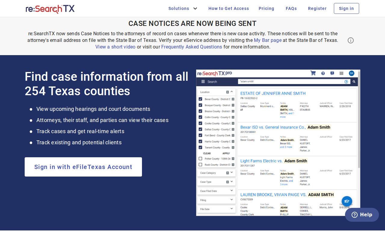 re:SearchTX statewide court record search sign-in page