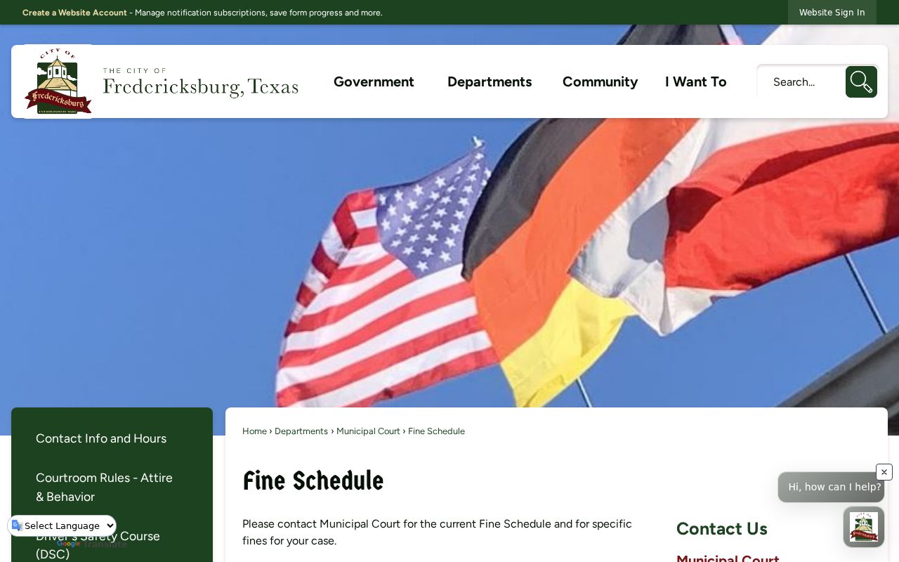 Fredericksburg Municipal Court fine schedule contact page