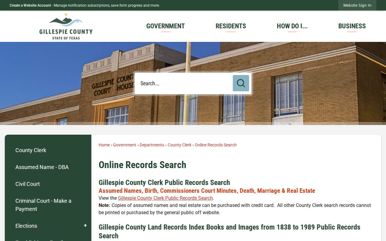 Gillespie County Online Records Search page